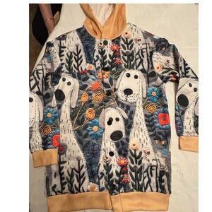 Whimsical Dog Floral 3D Print Button Front Hooded Cardigan Jacket Peach Multi